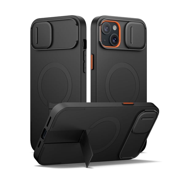 SURITCH for iPhone 15 Plus / 14 Plus Case with Magnetic Camera Slide Cover and Adjustable Kickstand, Compatible with MagSafe, Shockproof Bumper Case Slim Protective Cover, Black