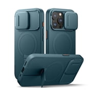 SURITCH for iPhone 15 Pro Case with Magnetic Camera Slide Cover and Adjustable Kickstand, Compatible with MagSafe, Shockproof Bumper Case Slim Protective Cover, Dark Green