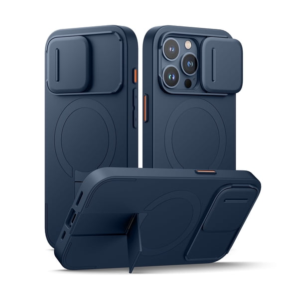 SURITCH for iPhone 15 Pro Case with Magnetic Camera Slide Cover and Adjustable Kickstand, Compatible with MagSafe, Shockproof Bumper Case Slim Protective Cover, Blue