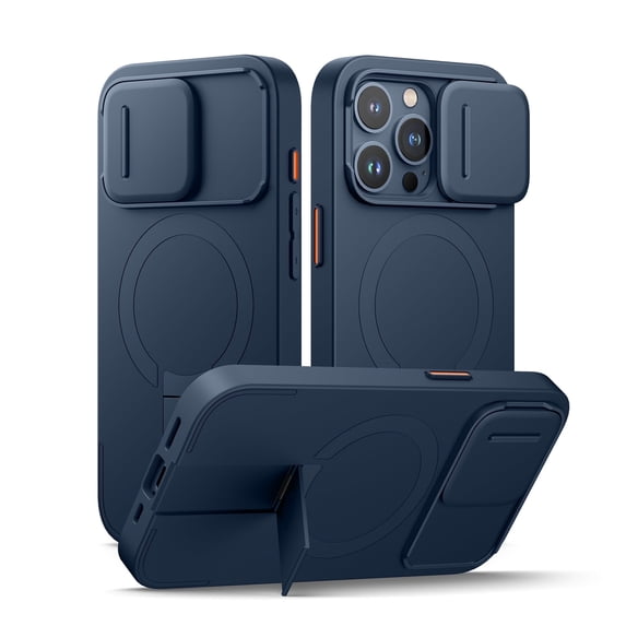 SURITCH for iPhone 15 Pro Case with Magnetic Camera Slide Cover and Adjustable Kickstand, Compatible with MagSafe, Shockproof Bumper Case Slim Protective Cover, Blue