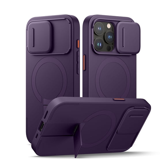 SURITCH for iPhone 15 Pro Case with Magnetic Camera Slide Cover and Adjustable Kickstand, Compatible with MagSafe, Shockproof Bumper Case Slim Protective Cover, Purple