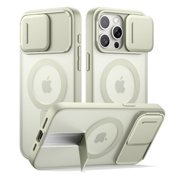 SURITCH for iPhone 15 Pro Magnetic Bumper Case, Compatible with Magsafe, with Built-in Kickstand, Camera Cover and Translucent Back, Rugged Shockproof Cases Slim Protective Cover, Translucent Green