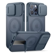 SURITCH for iPhone 15 Pro Magnetic Bumper Case, Compatible with Magsafe, with Built-in Kickstand, Camera Cover and Translucent Back, Rugged Shockproof Cases Sli