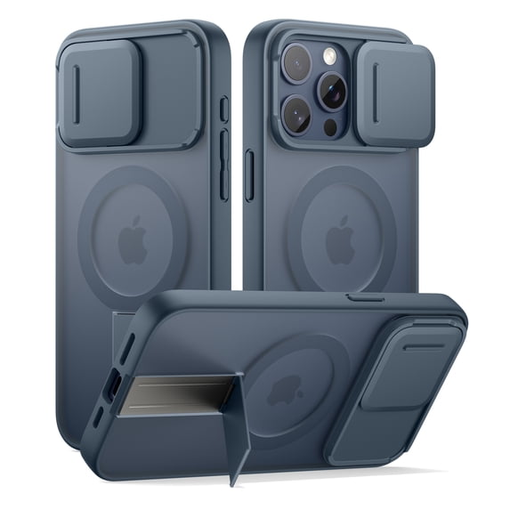 SURITCH for iPhone 15 Pro Magnetic Bumper Case, Compatible with Magsafe, with Built-in Kickstand, Camera Cover and Translucent Back, Rugged Shockproof Cases Slim Protective Cover, Translucent Blue