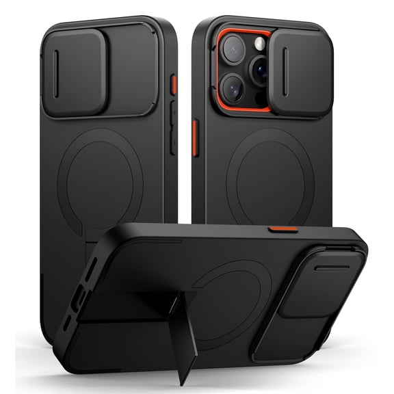 Suritch for iPhone 15 Pro Max Case with Magnetic Camera Slide Cover and Adjustable Kickstand, Compatible with MagSafe, Shockproof Protective, Black