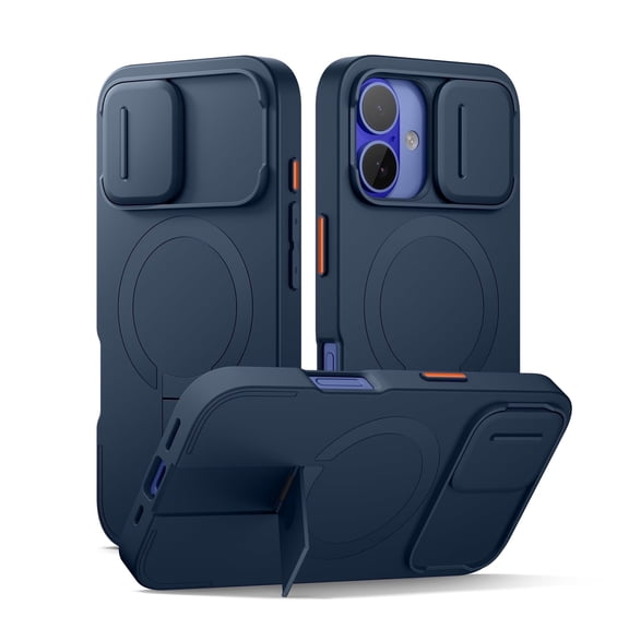 SURITCH for iPhone 16 Case with Magnetic Camera Slide Cover and Adjustable Kickstand, Compatible with MagSafe, Shockproof Bumper Slim Protective Cover, Blue