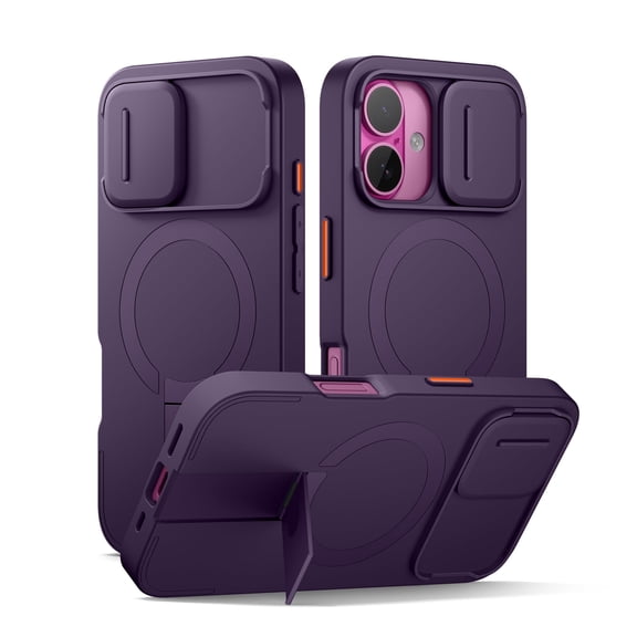 SURITCH Phone Case for iPhone 16 with Magnetic Camera Slide Cover and Adjustable Kickstand, Compatible with MagSafe, Shockproof Rugged Protective Cover, Purple