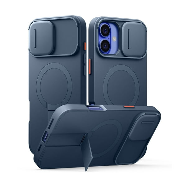 Suritch for iPhone 16 Plus Case with Magnetic Camera Slide Cover and Adjustable Kickstand, Compatible with MagSafe, Shockproof Bumper Slim Protective Cover, Blue