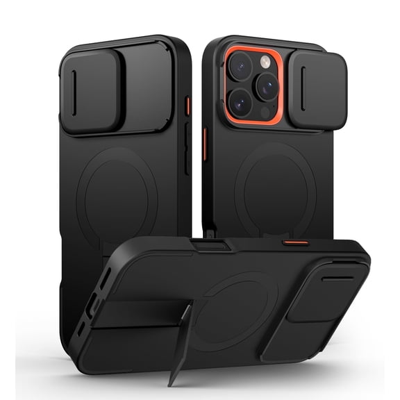 SURITCH for iPhone 16 Pro Max Case with Magnetic Camera Slide Cover and Adjustable Kickstand, Compatible with MagSafe, Shockproof Bumper Slim Protective Cover, Black