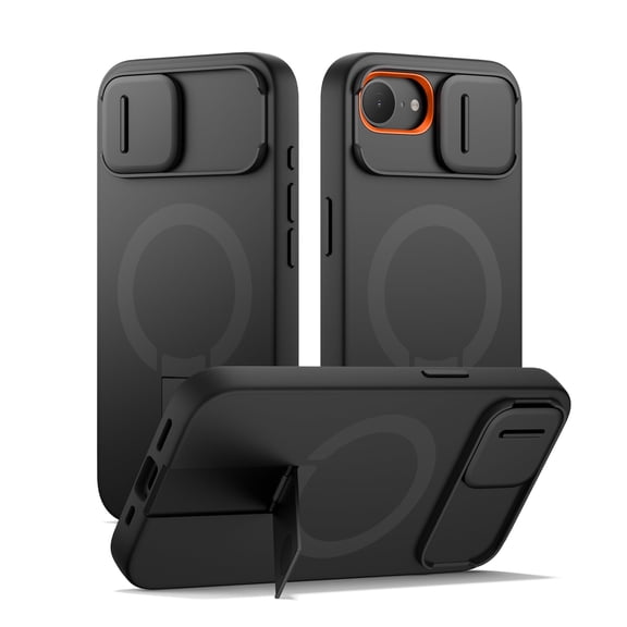 SURITCH Phone Case for iPhone 16e with Magnetic Camera Slide Cover and Adjustable Kickstand, Compatible with MagSafe, Shockproof Rugged Protective Cover, Black