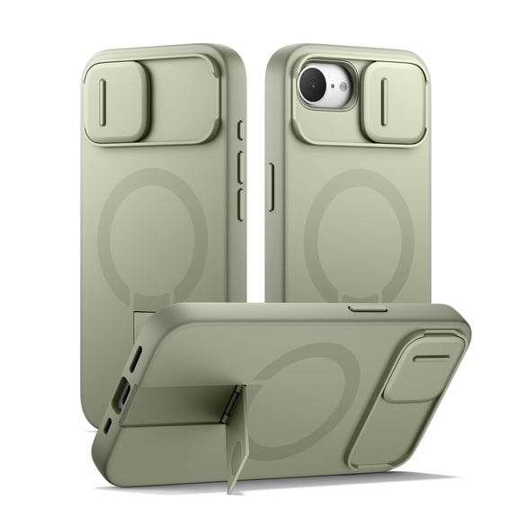 SURITCH Phone Case for iPhone 16e / 17e with Magnetic Camera Slide Cover and Adjustable Kickstand, Compatible with MagSafe, Shockproof Rugged Protective Cover, Green