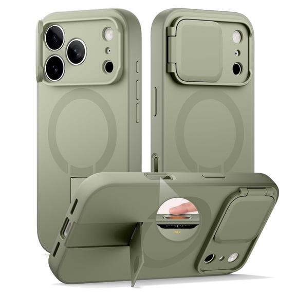 SURITCH Phone Case for iPhone 17 Pro with Camera Cover, Kickstand, Compatible with MagSafe, Shockproof Bumper Slim Protective Cover, Green