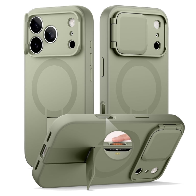Suritch Phone Case for iPhone 17 Pro with Camera Cover, Kickstand, Compatible with MagSafe, Shockproof Bumper Slim Protective Cover, Green