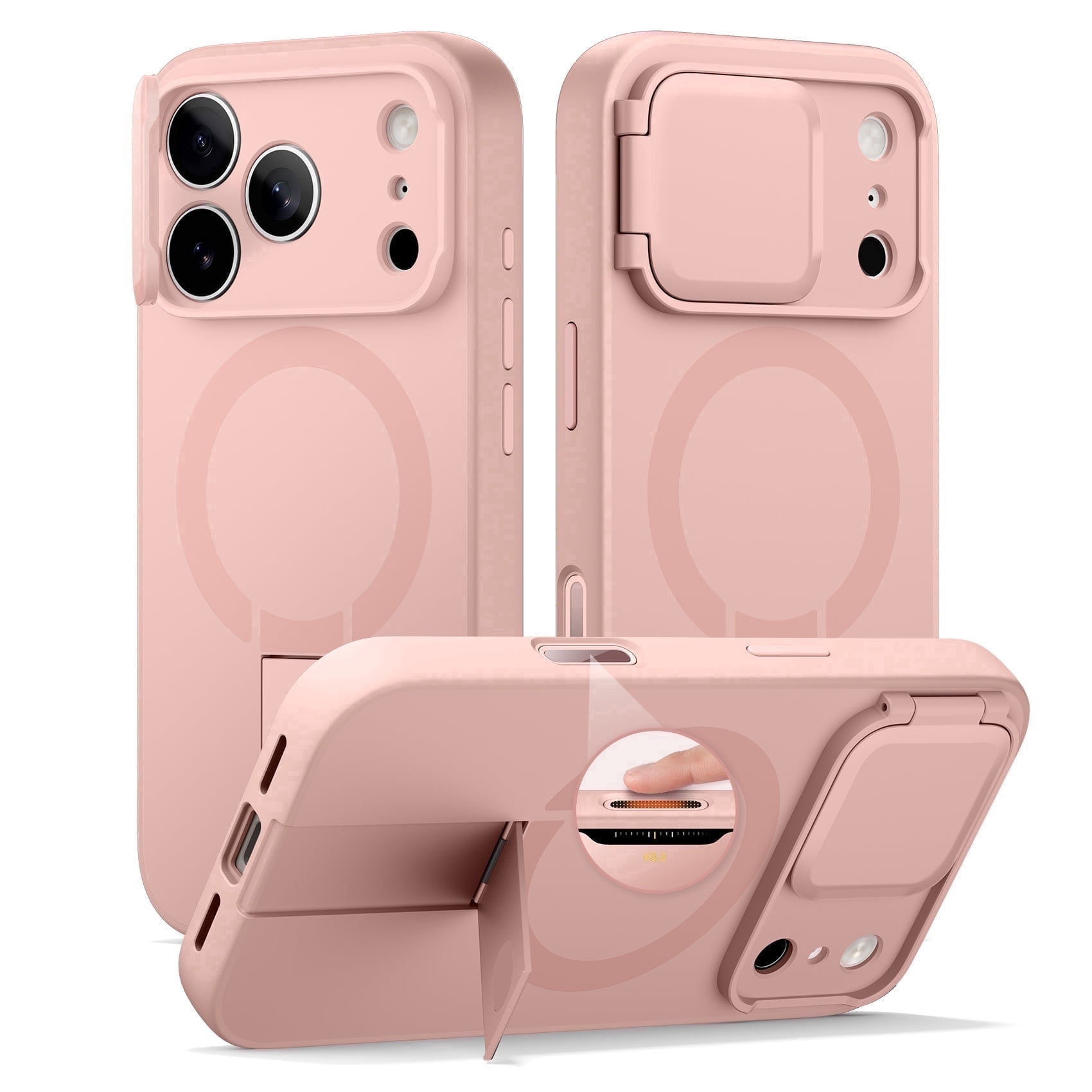 SURITCH Phone Case for iPhone 17 Pro with Camera Cover, Kickstand, Compatible with MagSafe, Shockproof Bumper Slim Protective Cover, Pink