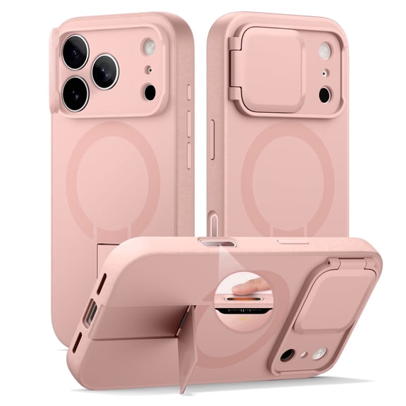 SURITCH Phone Case for iPhone 17 Pro with Camera Cover, Kickstand, Compatible with MagSafe, Shockproof Bumper Slim Protective Cover, Pink