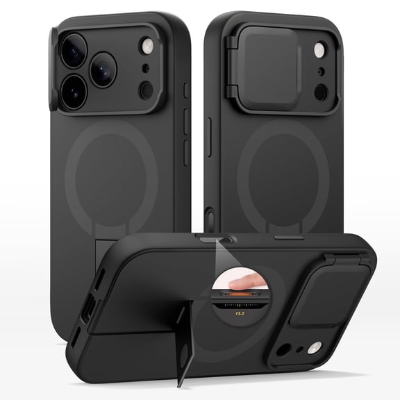 SURITCH for iPhone 17 Pro Max Case with Camera Cover, Kickstand, Compatible with MagSafe, Shockproof Bumper Slim Protective Cover, Black