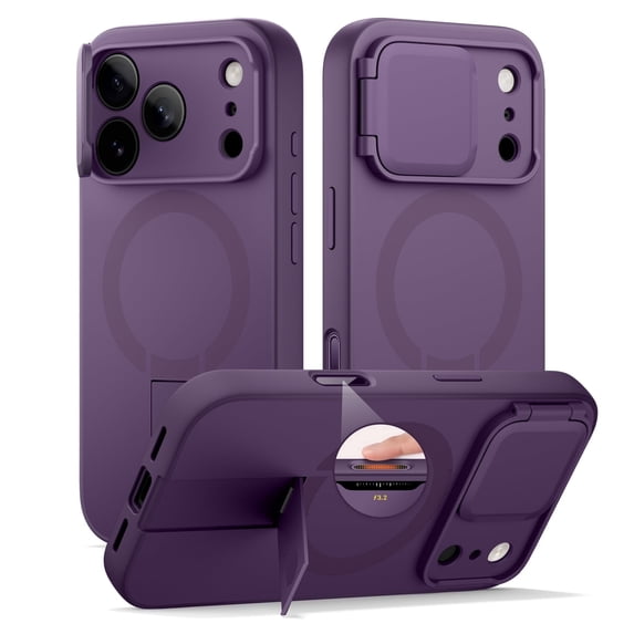 SURITCH for iPhone 17 Pro Max Case with Camera Cover, Kickstand, Compatible with MagSafe, Shockproof Bumper Slim Protective Cover, Dark Purple