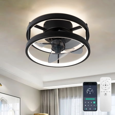 SURNIE 12.2in Metal Black LED Flush Mount Ceiling Fan with Remote Control