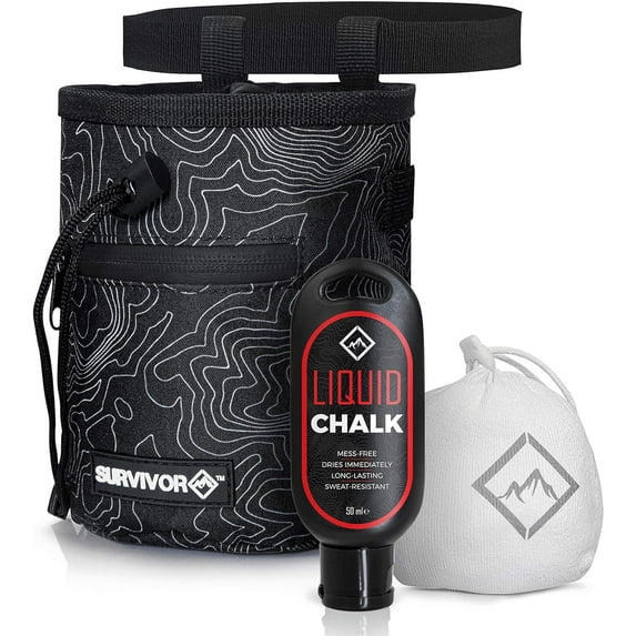 SURVIVOR Chalk Bag + Refillable Chalk Ball + Liquid Chalk - Black Chalk Bag for Rock Climbing with Hand Chalk - Rock Climbing Chalk Bag for Bouldering, Weightlifting, & More - Rock Climbing Gear