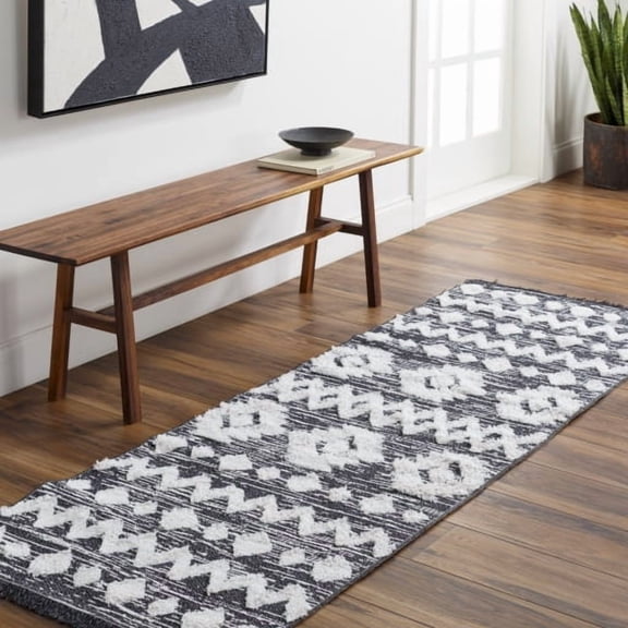 Surya Morocotton Global Style High Pile 100% Cotton Area Rug, 5' x 7' Black, White Pet Friendly, Ind/Out, Machine Woven, Stain Resistant, MCT2307-517