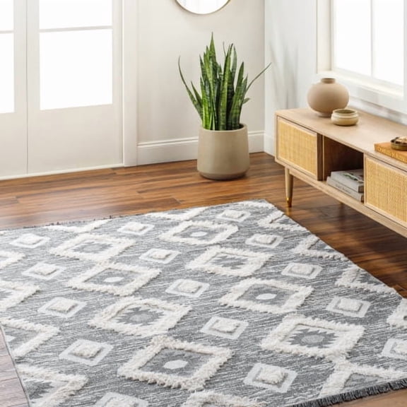 Surya Morocotton Rustic Style High Pile 100% Cotton Area Rug, 5' x 7' Black, Medium Gray Pet Friendly, Ind/Out, Machine Woven, Stain Resistant, MCT2303-517