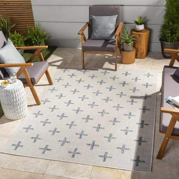 Surya Tuareg Global Style No Pile 100% Polypropylene Area Rug, 7' x 9' Cream, Dark Blue Kid & Pet Friendly, Ind/Out, Machine Woven Stain Resistant, TRG2358-679