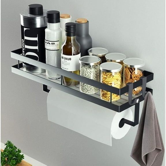 ZZlannSUS304 Matte Black Finish Wall Mounted Paper Towel Roll Rack With Shelf Storage, Strong Magnetic Shelf For Space Saving And Kitchen Organization, Multifunctional And Durable