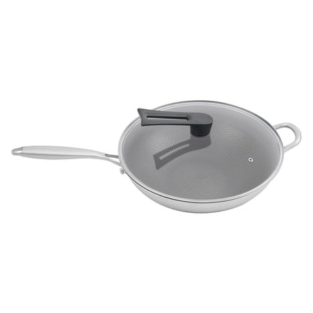 SUS316 Stainless Steel Honeycomb Wok - 14.2" Non-Stick Frying Pan with Tempered Glass Lid, Silver/Black