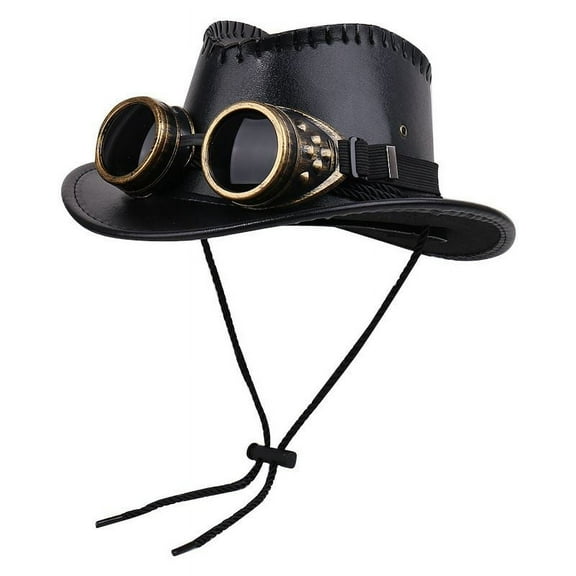 SUSAMMAISON Leather Western Cowboy Hat New European And American Party Hat Retro Punk Jazz Hat With Goggles Visor,1,1,1,As Picture,PU Leather,Teen,Party