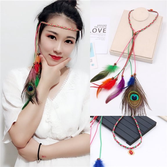SUSANMAISON Bohemian Hair Band Headband Ethnic Style Performance Ethnic Characteristics Travel Peacock Feather Beach Forehead Chain Forehead Ornament,1,Leather,New,Headband