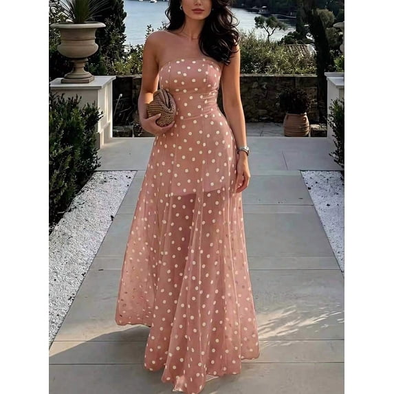 SUSHA Women's Elegant Polka Dot Strapless Summer Dress multiple colors can be selected