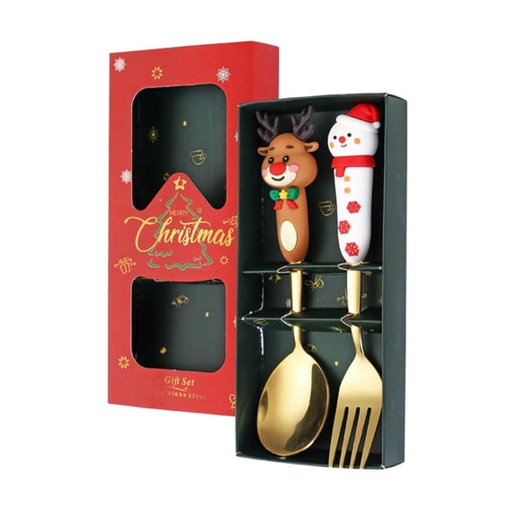 SUSHANG 2/4-Piece Festive Christmas Cutlery Set with Gold/Silver Spoons and Forks, Adorned with Tree and Snowman Figurines for Holiday Table Settings, Parties and Coffee Stirring