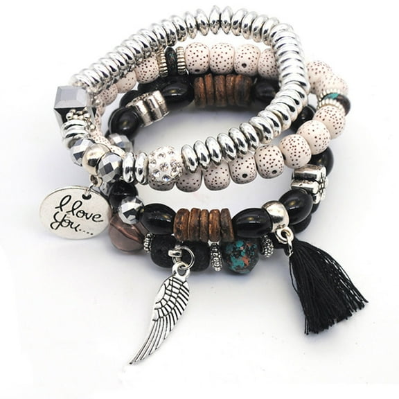 SUSHANG 4PC Multi-Layer Bracelet 4PC I Love You Natural Stone Crystal Beaded Multilayer Bracelet Ladies Jewelry
