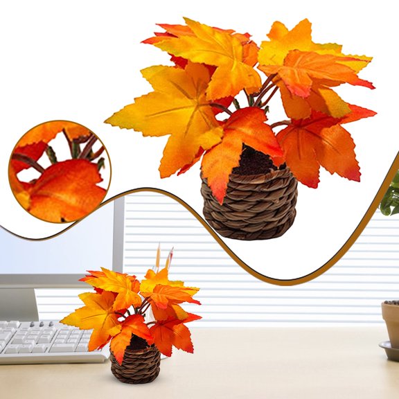 SUSHANG Artificial Fall Maple Potted Plant Autumn Maple Leaves Bonsai with Woven Pot Tabletop Decor for Home Office Room Shelf Table Centerpiece Thanksgiving Decor