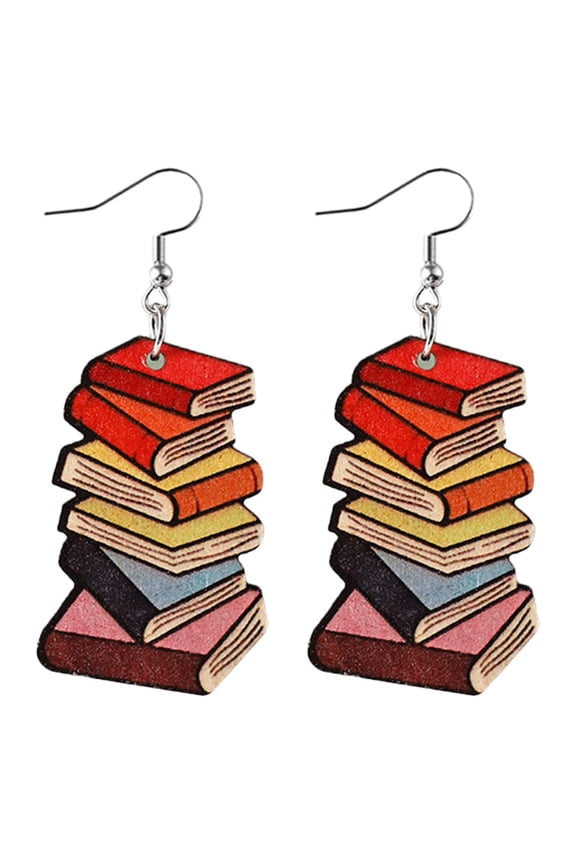 Back to School Earrings Personality Wooden Pencil Books Dangle Drop Earrings Double Wooden Teacher Student Earrings for Women Teachers Appreciation Day Gifts Graduation Jewelry