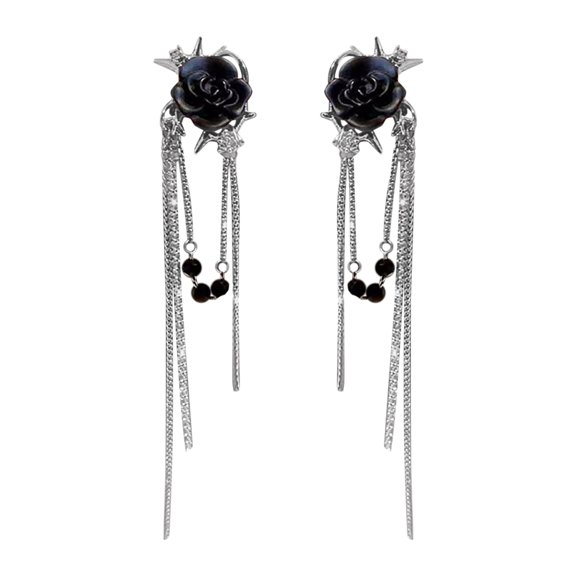 SUSHANG Black Flower Ear Clip Black Flower Tassel Long Ear Clip Light Luxury Temperament No Pierced Ear Bone Clip Earrings