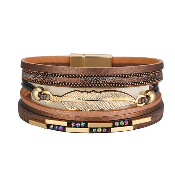 SUSHANG Bohemian Bracelet Magnet Clasp Leaf Bracelet Colourful Braided Multi Layered Leather Bracelet
