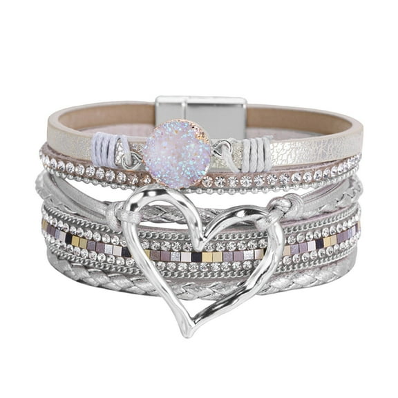 SUSHANG Bohemian Layered Bracelet Women Leather Cuff Bracelet Set Multilayer Wrap Bracelet Crystal Heart Bracelet Magnetic Clasp Bracelet for Women