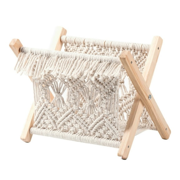 SUSHANG Boho Macrame Woven Storage Rack – Folding Bookshelf & Towel Organizer with Wooden Shelf Support Ideal for Tabletop Magazine Stand, Decorative Storage Shelf and Cotton Rope Magazine Holder