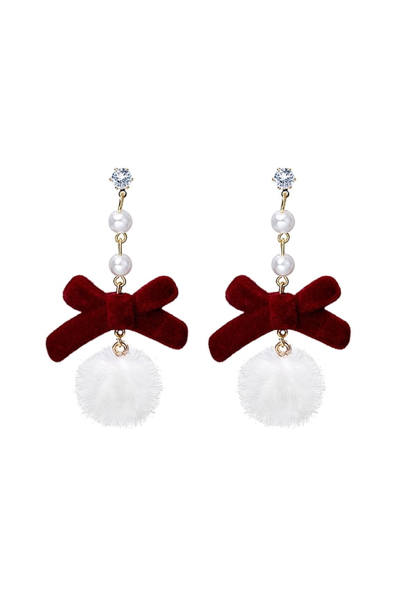 Bow Tassel Earrings Red Vintage Flocked Bowknot Fringe Earrings Christmas Wine Red Hair Pearl Earrings Drop Earrings Fringe Earrings