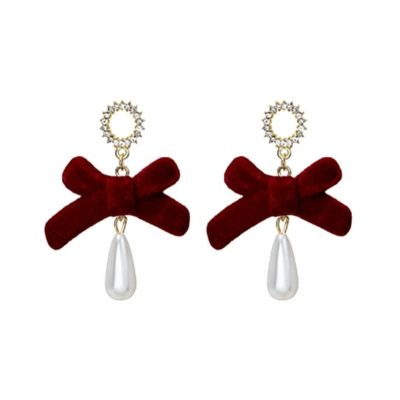 SUSHANG Bow Tassel Earrings Red Vintage Flocked Bowknot Fringe Earrings Christmas Wine Red Hair Pearl Earrings Drop Earrings Fringe Earrings