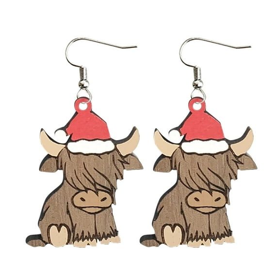 SUSHANG Christmas Animal Cow Earrings Christmas Wooden Earrings Animal Cow Earrings Christmas Hat Earrings