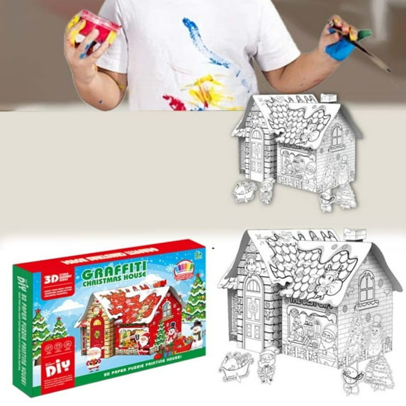 SUSHANG Christmas Playhouse Cardboard Coloring House DIY Life-Size Holiday Craft Kit for Kids Build and Decorate Personalized Cottage Fort Interactive Coloring Activity Perfect Holiday Gift