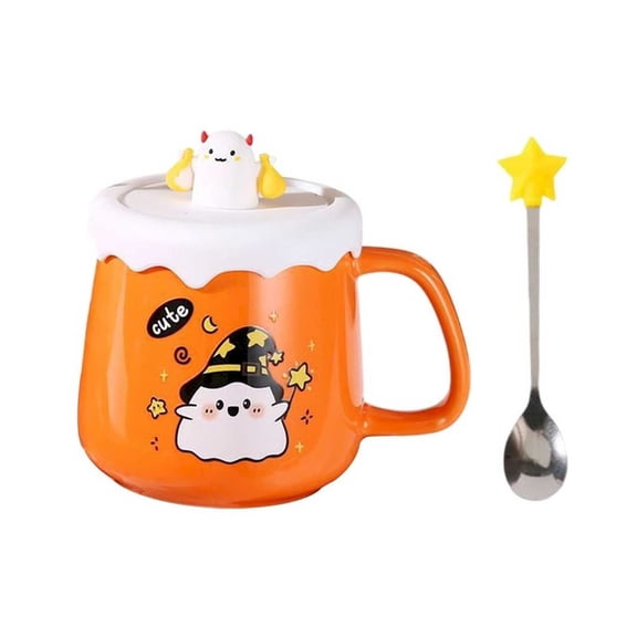 SUSHANG Cute Halloween Pumpkin Cat Coffee Mug with Spoon Ceramic Multifunctional Drinkware Perfect for Hot Drinks Smooth and Easy-to-Clean Halloween Mug for Adults and Kids Ideal Gift
