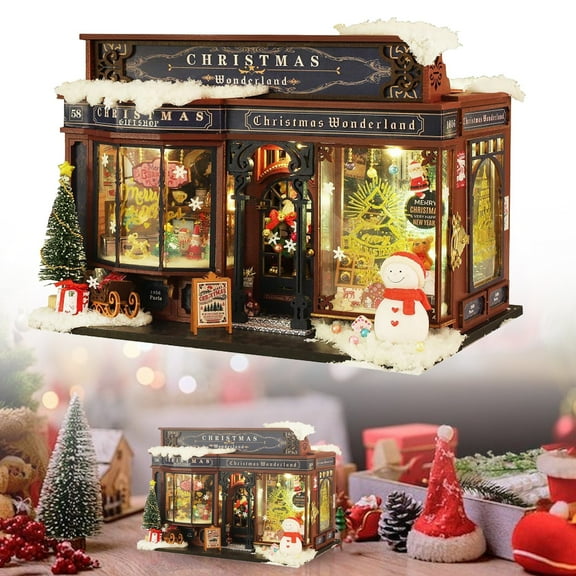 SUSHANG DIY Christmas Theme Miniature House Kit with Furniture and LED Lights Creative Book Model Building Kit for Adults and Kids Perfect Birthday or Christmas Gift Crafting Project with Realistic