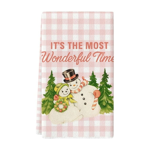 SUSHANG Festive Christmas Kitchen Pink Plaid Towels Set, Absorbent Holiday Themed Dish Cloths and Hand Towels for Winter Decor, Housewarming Gifts and Bathroom Decorations