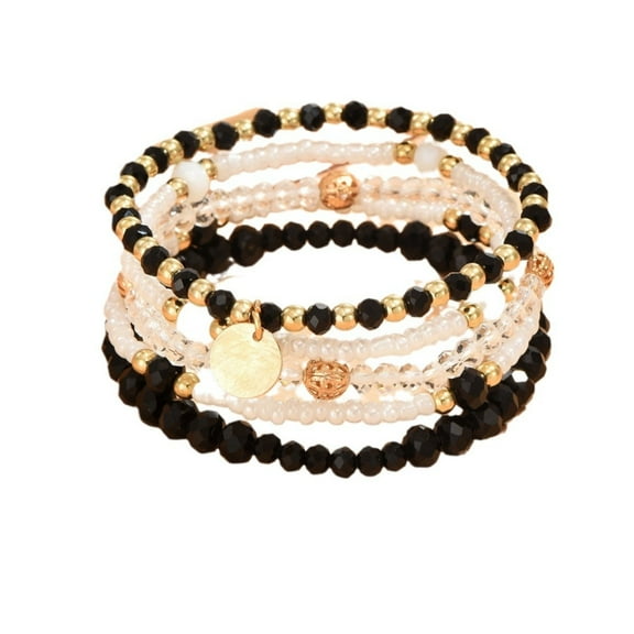 SUSHANG Five Piece Bracelet Fashionable and Versatile Five Bracelet Set with Simple Woven Elastic Glass Beads and Round Pendant Bracelets