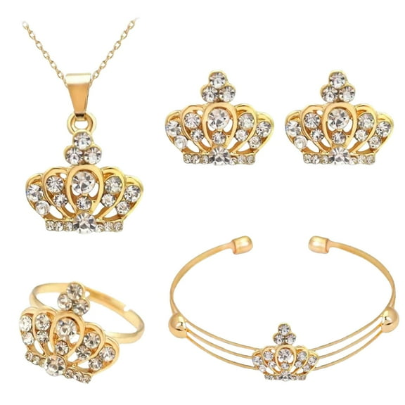 SUSHANG Four-Piece Jewelry Set 4PCs Suit Gold Diamond Crown Design Pendant Necklace Earrings Bracelet Ring Sweet and Ladies Wedding Jewelry Set