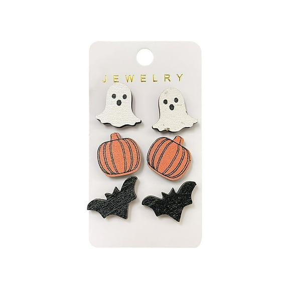 SUSHANG Halloween Earrings Pack of 3 Pairs Halloween Earrings for Women Pumpkin Bat Stud Earrings Halloween Party Lightweight Wood Earrings Set Jewelry