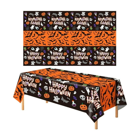 SUSHANG Halloween Plastic Table Cover – Spooky Skeleton, Bat & Pumpkin Themed Disposable Tablecloth for Indoor/Outdoor Parties, Durable & Waterproof Decor for Dining & Buffet Tables